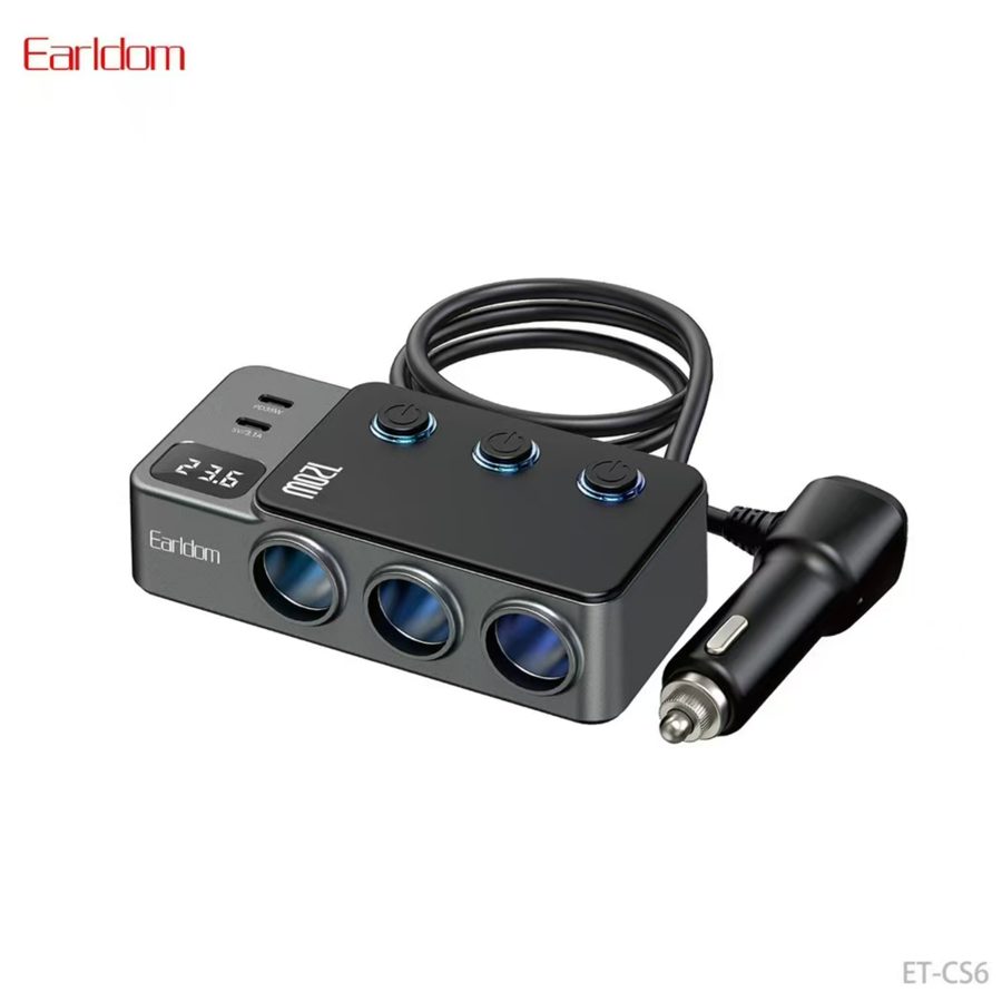 [ET-CS6_black] Car Socket - ET-CS6 (120W 3USB+2PD 3socket Display Current - Black)