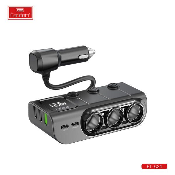[ET-CS4_black] Car Socket - ET-CS4 (120W 3USB+2PD 3socket Display Current - Black)