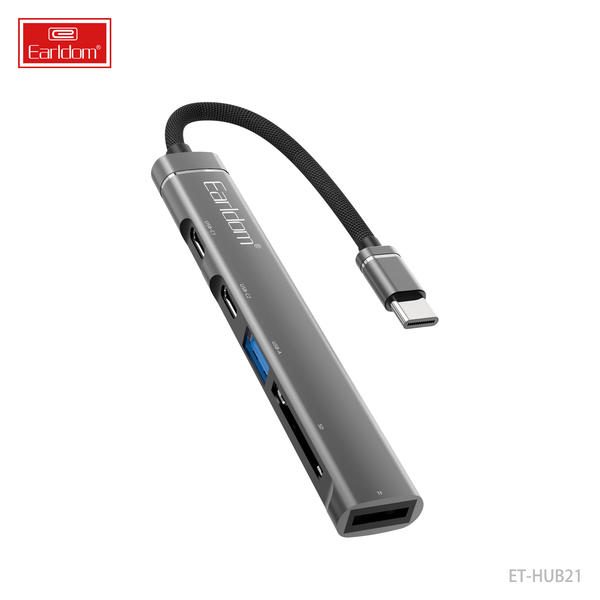 [ET-HUB21_grey_2] HUB - ET-HUB21 (5in1 Type-C HUB 2 Type-C+USB+TF & SD Card Reader - Grey)