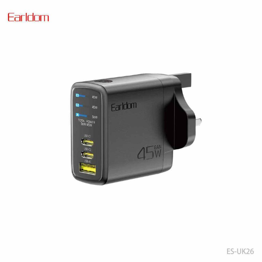 [ES-UK26_black_Without_cable] Wall Charger-UK Plug - ES-UK26 (DISPLAY 2PD+USB 45W - Black - Without Cable, Black)