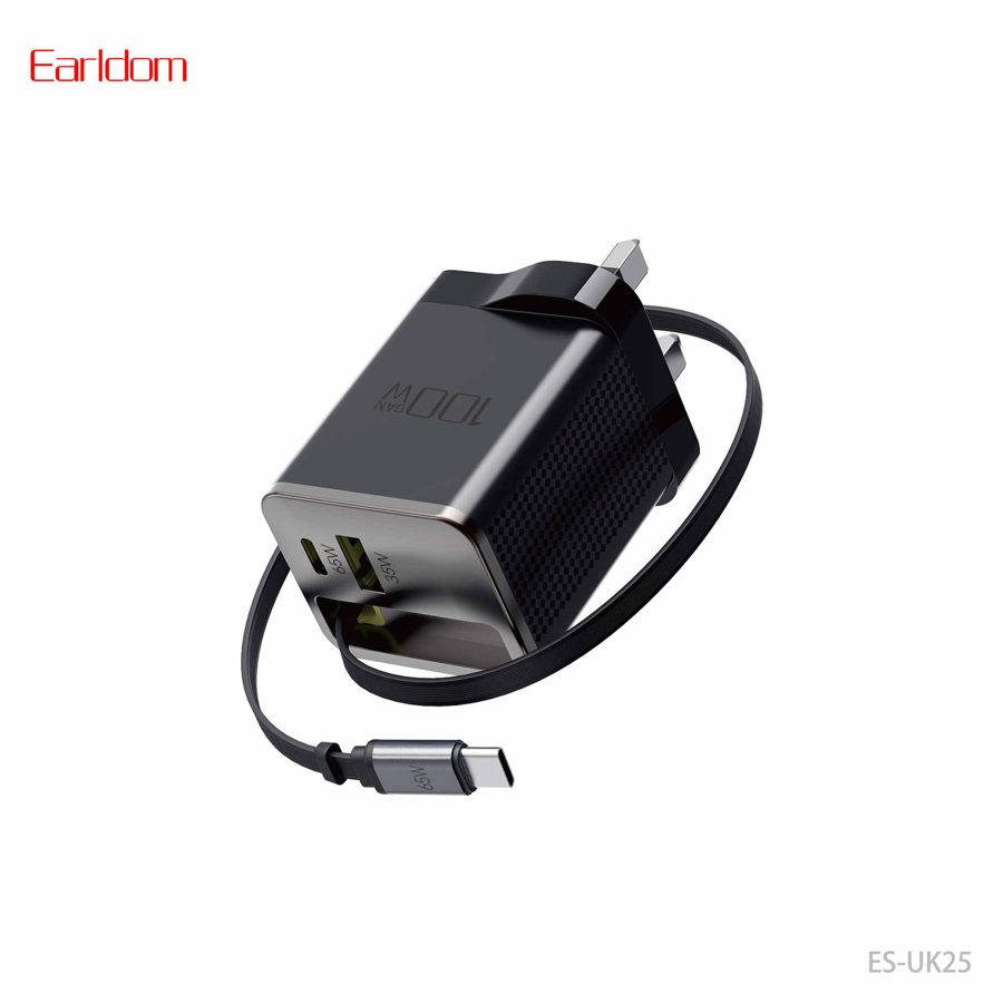 [ES-UK25_black_Without_cable] Wall Charger-UK Plug - ES-UK25 (PD + USB 100W GaN - Black - Without Cable, Black)