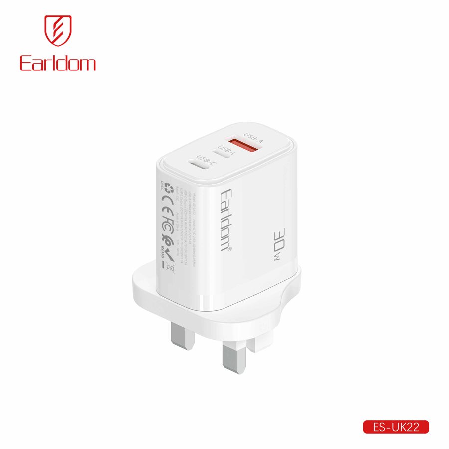 [ES-UK22_white_Without_cable] Wall Charger-UK Plug - ES-UK22 (2PD+USB 30W - White - Without Cable, White)