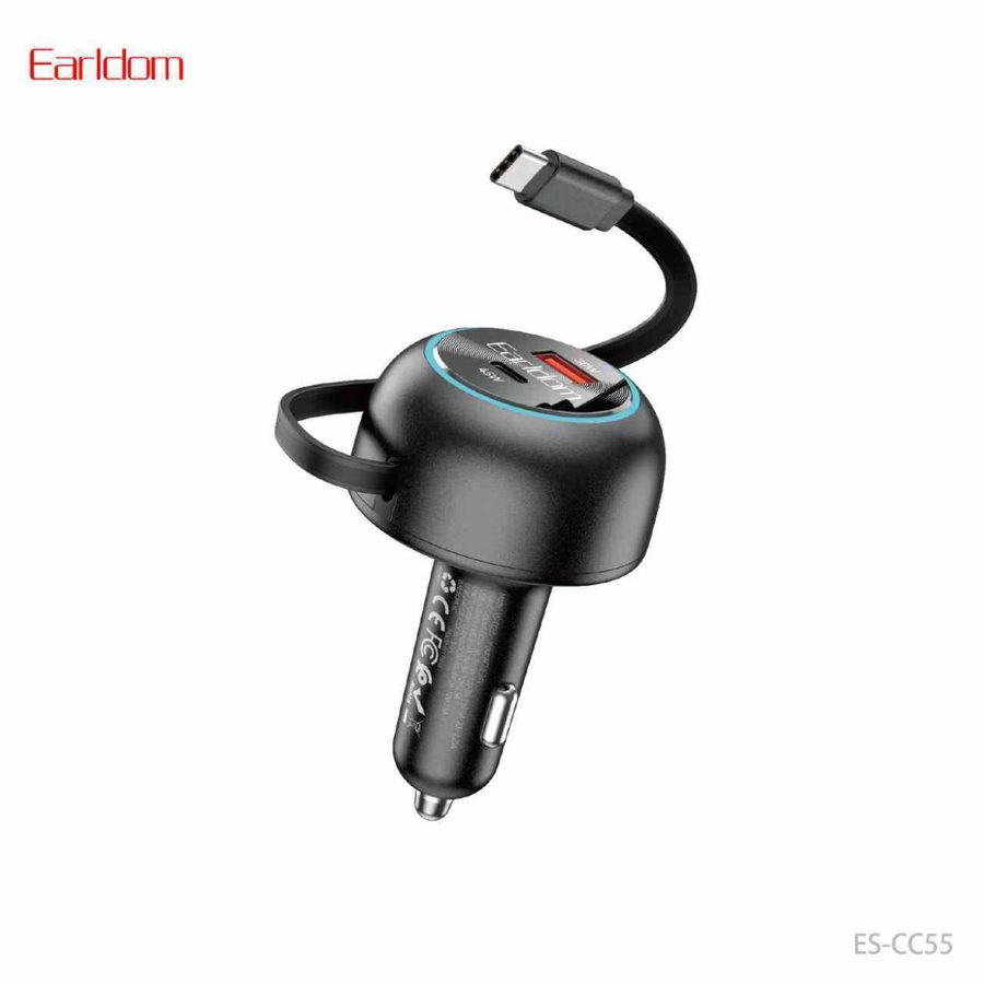 [ES-CC55_black_Without_Cable] شاحن سيارة جودة عالية - ES-CC55 (75W PD+كيبل USB:80cm Storage(Type-C) - أسود - Without كيبل, أسود)