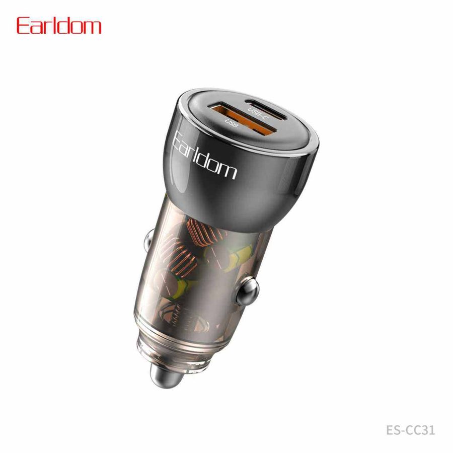 [ES-CC31_black_Without_Cable] شاحن سيارة PD + USB - ES-CC31 (30W 1USB+1PD Aluminum Alloy+Clear Housing - أسود - Without كيبل, أسود)