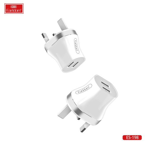 [ES-198_white_With_Micro_Cable] Wall Charger-UK Plug - ES-198 (2USB 12W - White - With Micro Cable, White)