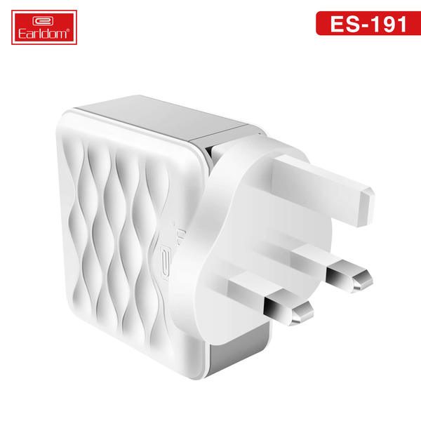 [ES-191_white_black_Without_cable] Wall Charger-UK Plug - ES-191 (3USB 17W - White Black - Without Cable, White Black)