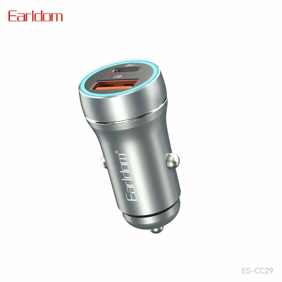 [ES-CC29_grey_Without_Cable] PD + USB Car Charger - ES-CC29 (30W 1USB+1PD Aluminum Alloy - Grey - Without Cable, Grey)