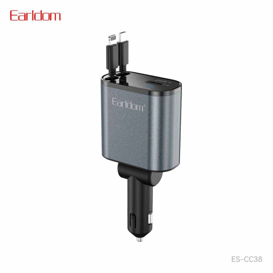 [ES-CC38_black_Without_Cable] Superior Quality Car Charger - ES-CC38 (63W USB+PD Cable:80cm Storage (iOS+Type-C) - Black - Without Cable, Black)