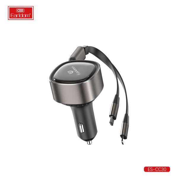 [ES-CC30_black_Without_Cable] شاحن سيارة جودة عالية - ES-CC30 (30W كيبل:80cm Storage (iOS+Type-C) - أسود - Without كيبل, أسود)