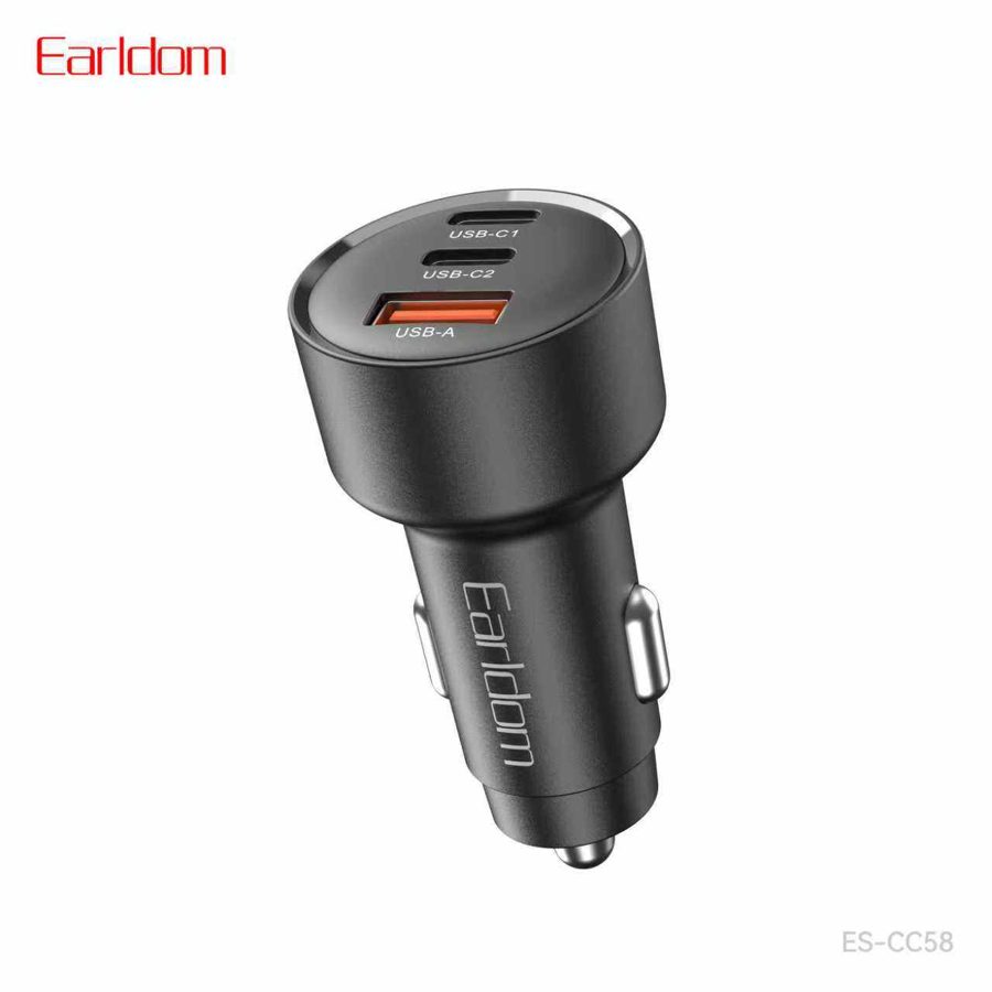 [ES-CC58_black_Without_Cable] PD + USB Car Charger - ES-CC58 (60W 2PD 1 USB Port Aluminum Alloy - Black - Without Cable, Black)