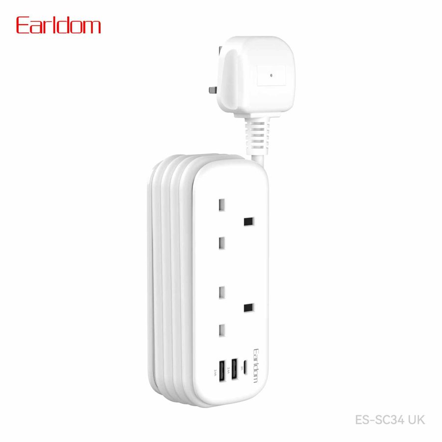 [ES-SC34_UK_Plug_white] UK Wall Socket - ES-SC34 UK Plug (2 Sockets +1PD+2USB 145CM كيبل - أبيض)