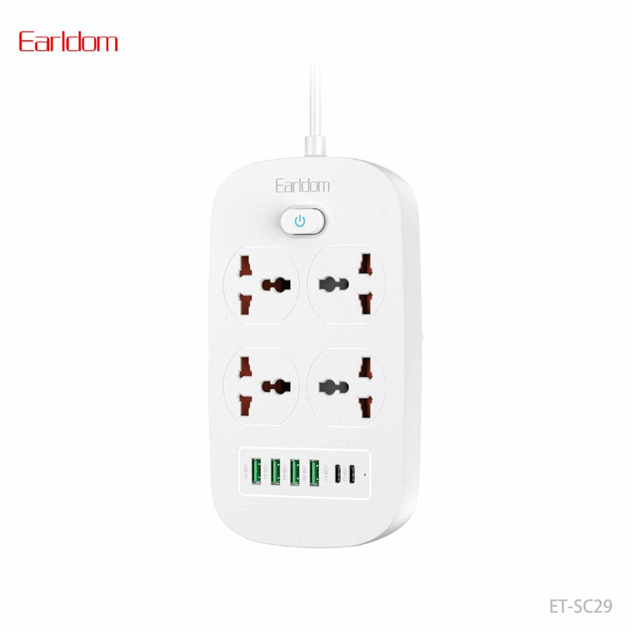 [ES-SC29_UK_Plug_white] UK Wall Socket - ES-SC29 UK Plug (4 Sockets +2PD+4USB 2M Cable - White)