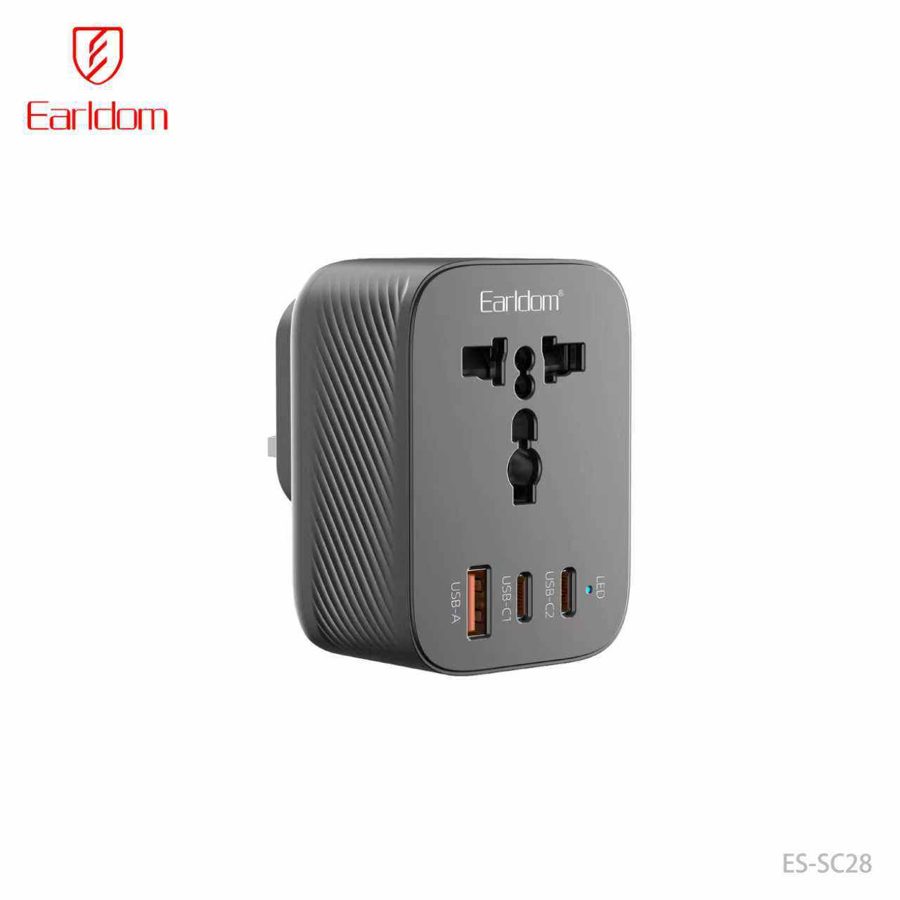 [ES-SC28_UK_Plug_black] UK Wall Socket - ES-SC28 UK Plug (UK شاحن إلى 1USB+2type-C+Universal Plug - أسود)