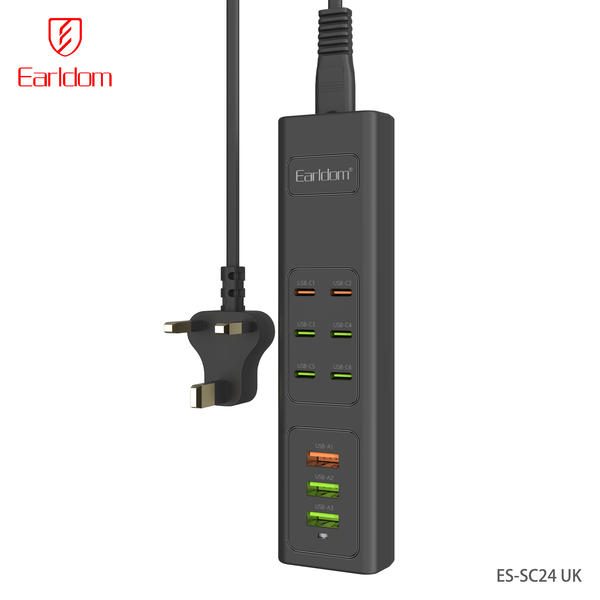 [ES-SC24_UK_Plug_black] UK Wall Socket - ES-SC24 UK Plug (2PD+2type-C+1 QC3.0+2USB 1  متر كيبل - أسود)