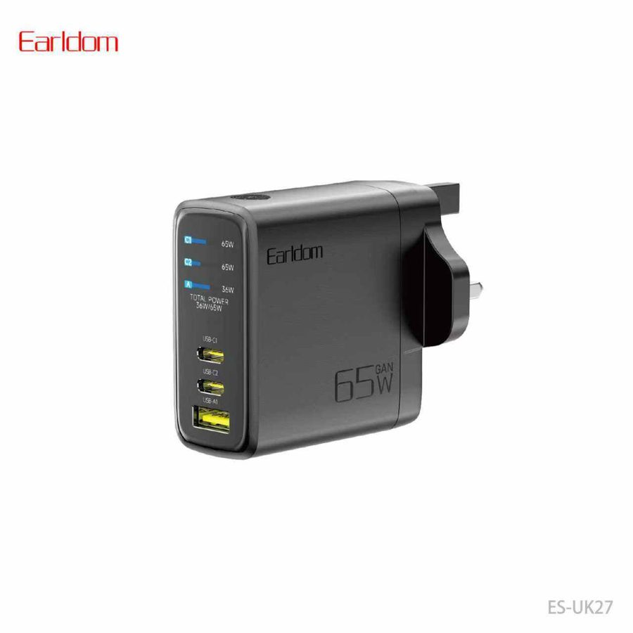 [ES-UK27_black_Without_cable] Wall Charger-UK Plug - ES-UK27 (DISPLAY 2PD+USB 65W - Black - Without Cable, Black)