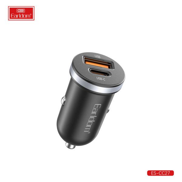 [ES-CC27_black_Without_Cable] PD + USB Car Charger - ES-CC27 (30W 1USB+1PD - Black - Without Cable, Black)