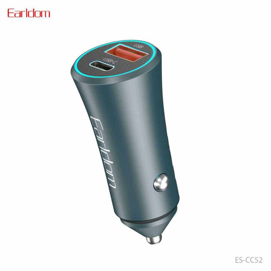 [ES-CC52_grey_Without_Cable] شاحن سيارة PD + USB - ES-CC52 (48W 1USB+1PD Aluminum Alloy - رمادي - Without كيبل, رمادي)
