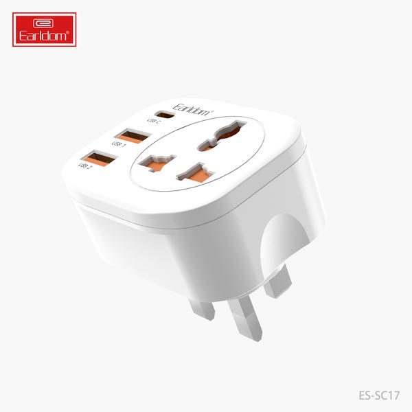 [ES-SC17_UK_Plug_white] UK Wall Socket - ES-SC17 UK Plug (UK Charger To 2USB+1type-C+Universal Plug - White)