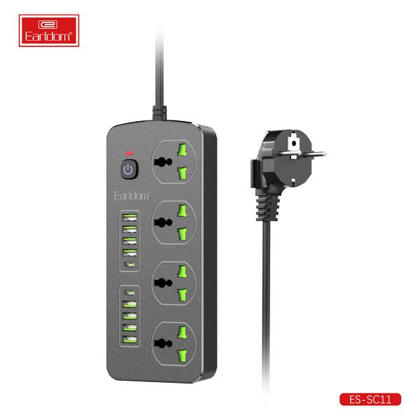 [ES-SC11_UK_Plug_black] UK Wall Socket - ES-SC11 UK Plug (2M Cable OFF & ON Button 8USB+2type-C+4 Universal Plug - Black)