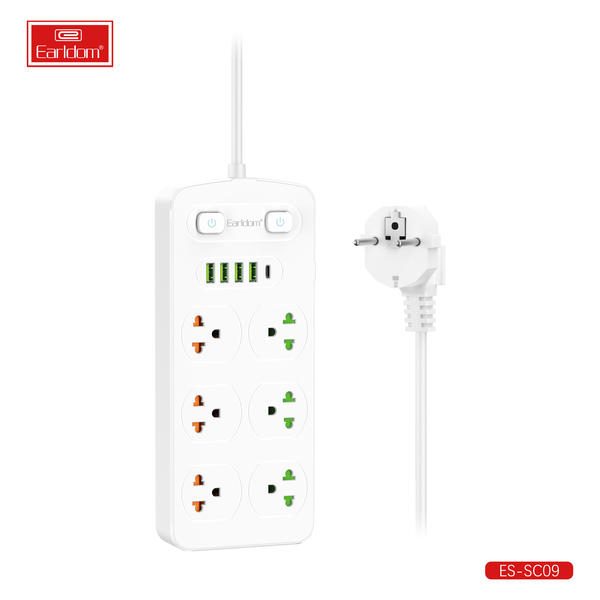 [ES-SC09_UK_Plug_white] UK Wall Socket - ES-SC09 UK Plug (2M Cable 4USB+Type-C+6 Universal Plug - White)