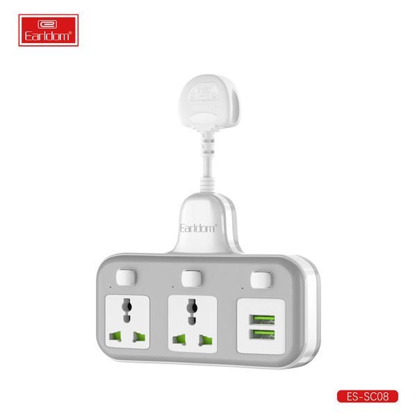 [ES-SC08_UK_Plug_white] UK Wall Socket - ES-SC08 UK Plug (Expansion Socket 3OFF و ON Button 2universal Plug +2USB - أبيض)