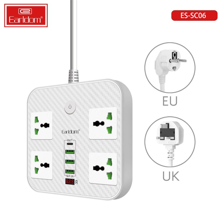 [ES-SC06_UK_Plug_white] UK Wall Socket - ES-SC06 UK Plug (2M Cable 3USB+1type-C+4 Universal Plug - White)