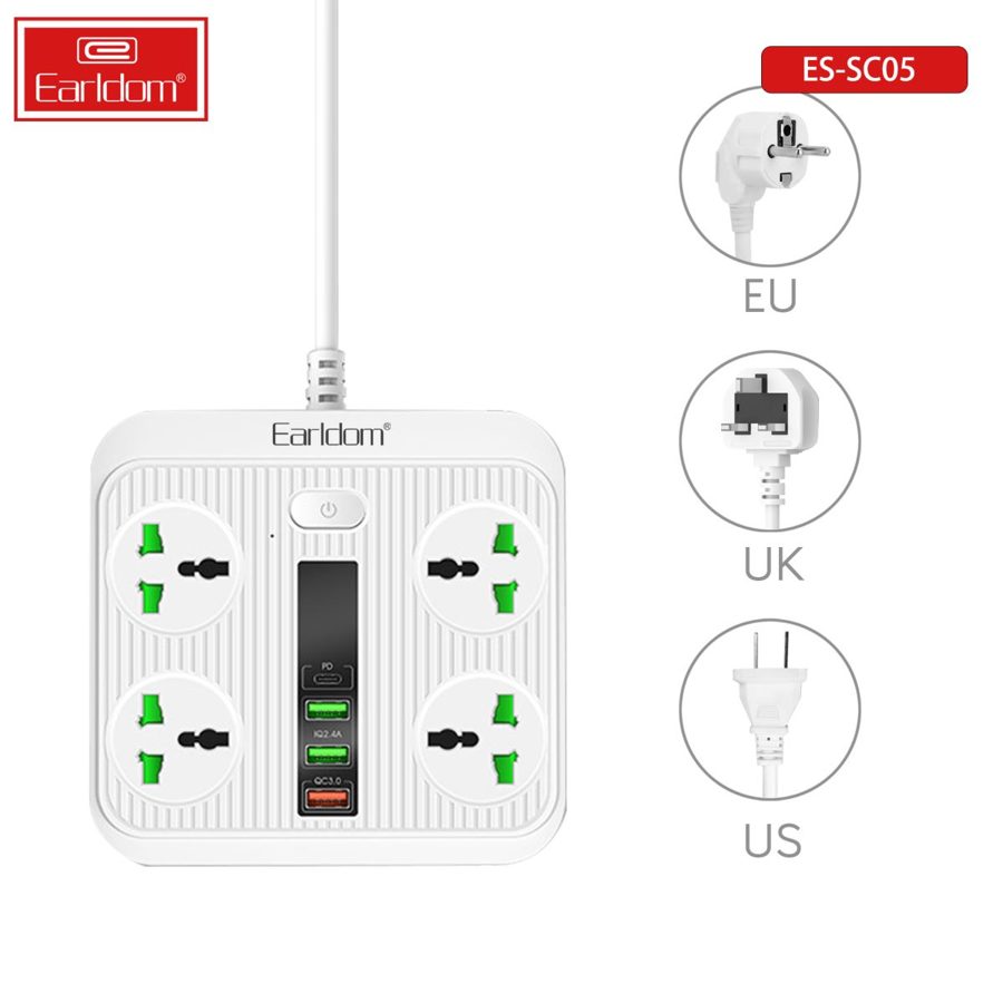 [ES-SC05_UK_Plug_white] UK Wall Socket - ES-SC05 UK Plug (2M Cable 2USB+1PD +1QC3.0+4 Universal Plug - White)