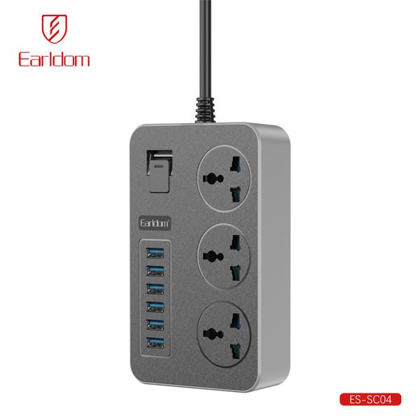 [ES-SC04_Socket_UK_Plug_black] UK Wall Socket - ES-SC04 Socket UK Plug (2M Cable OFF & ON Button 6USB+3 Universal Plug - Black)