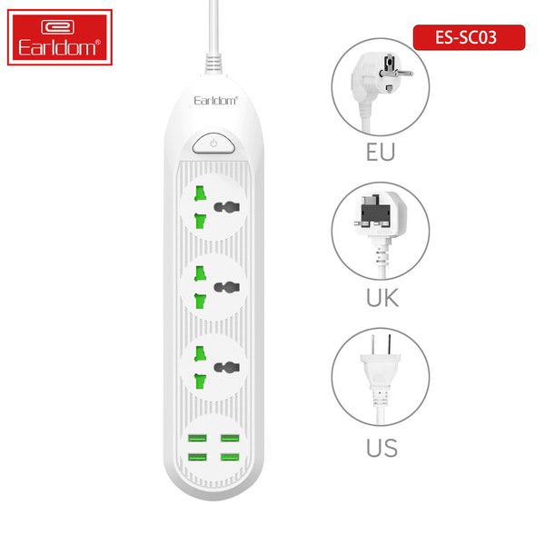 [ES-SC03_UK_Plug_white] UK Wall Socket - ES-SC03 UK Plug (2M Cable OFF & ON Button 4USB+3 Universal Plug - White)