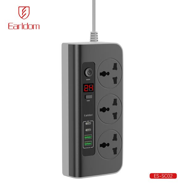 [ES-SC02_UK_Plug_black_white] UK Wall Socket - ES-SC02 UK Plug (2M Cable OFF & ON Button 2USB+2PD+3 Universal Plug Display Woltage - Black White)