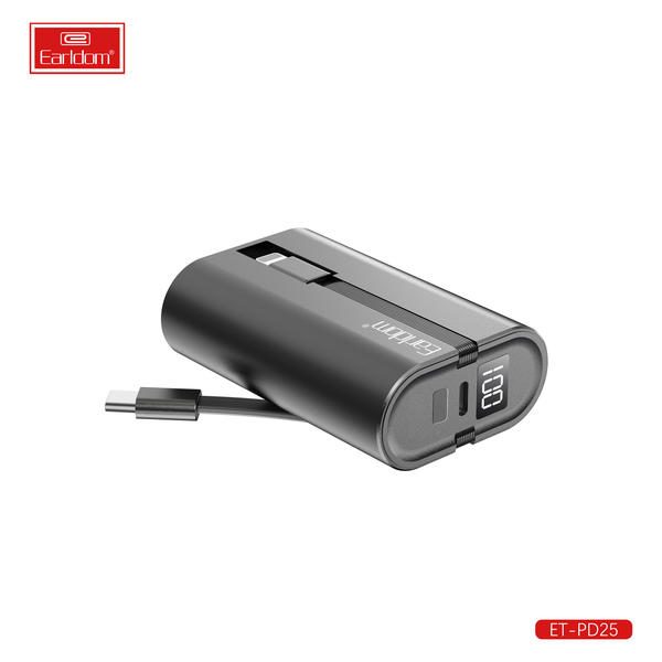 [ET-PD25__10000mAh__black] Power Bank With Cable - ET-PD25 (10000mAh) (2in1 3A iOS & Type-C Portable Screen Display - Black)