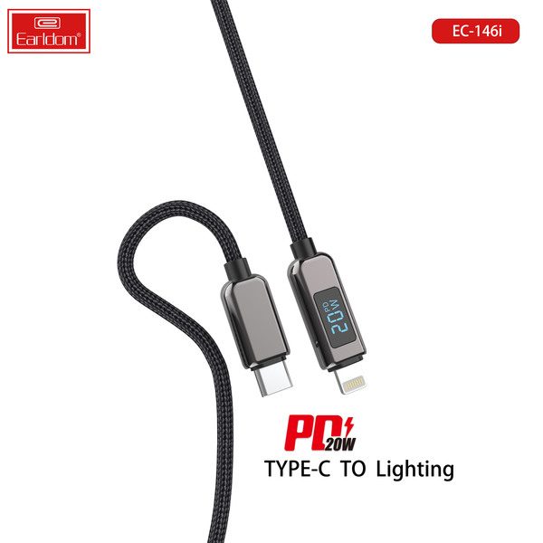 [EC-146_C-L__type_c-lightning__1_METER_black] PD Cable 1M - EC-146 C-L (type c-lightning) 1 METER (Digital Display Charging Power Wattage Zinc Alloy+Nylon - Black)