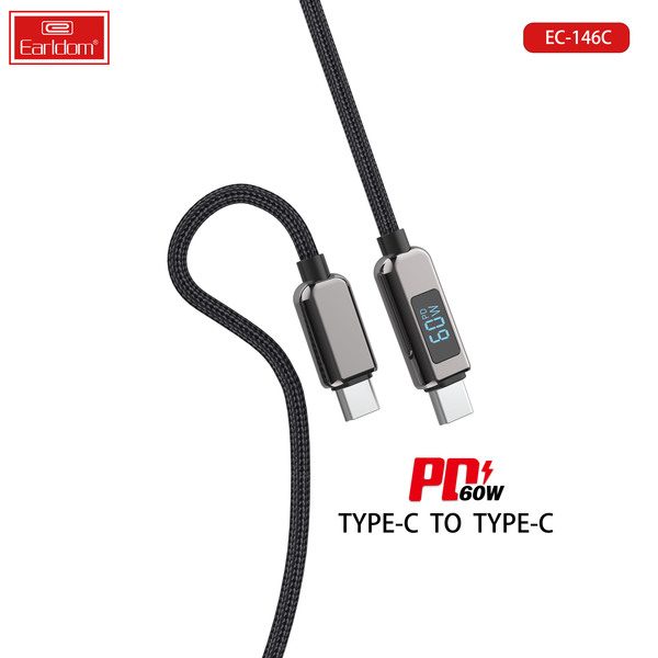 [EC-146_C-C__type_c-type_c__1_METER_black] كيبل PD 1  متر - EC-146 C-C (type c-type c) 1  متر (Digital Display Charging Power Wattage Zinc Alloy+Nylon - أسود)