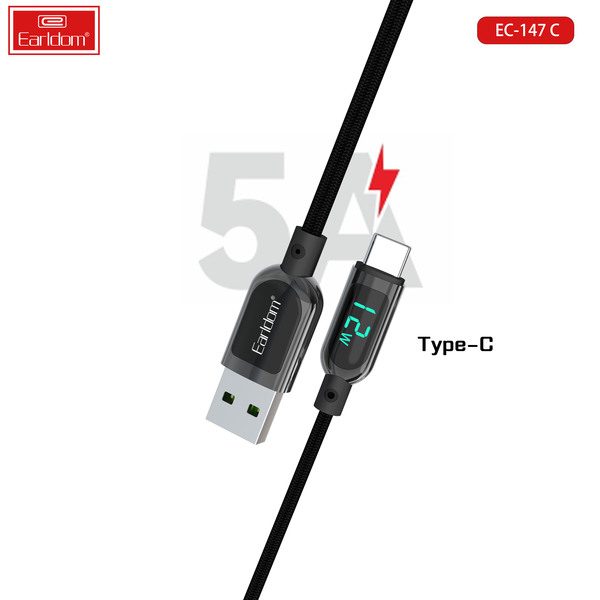 [EC-147C__type_c__1_METER_black] كيبل USB 1  متر - EC-147C (type c) 1  متر (Digital Display Charging Power Wattage Zinc Alloy+Nylon - أسود)